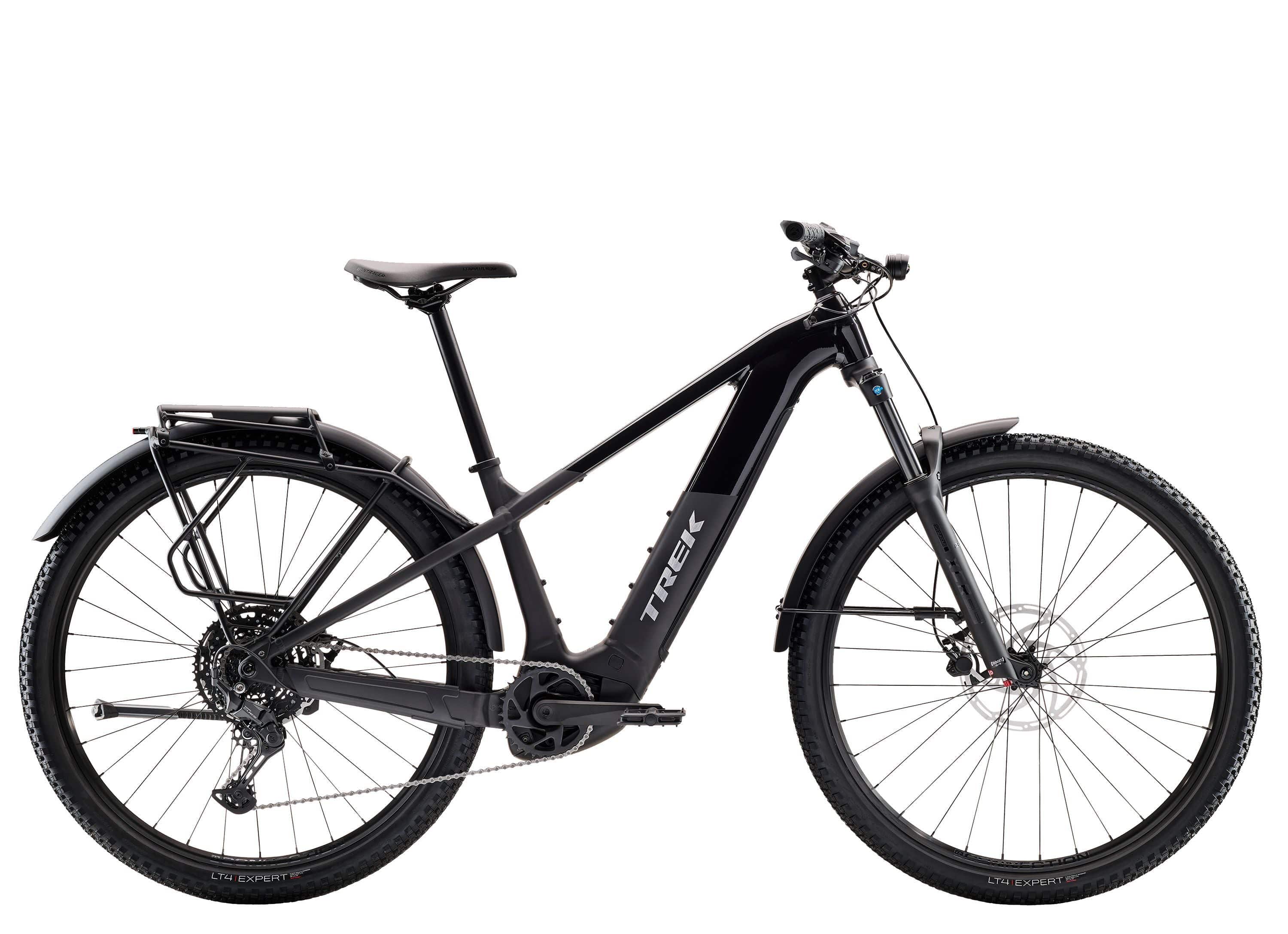 Trek Powerfly+ 4 equipped Gen 5 e-mountain bike with 800Wh removable battery, showing the bike's frame and motor in detail.