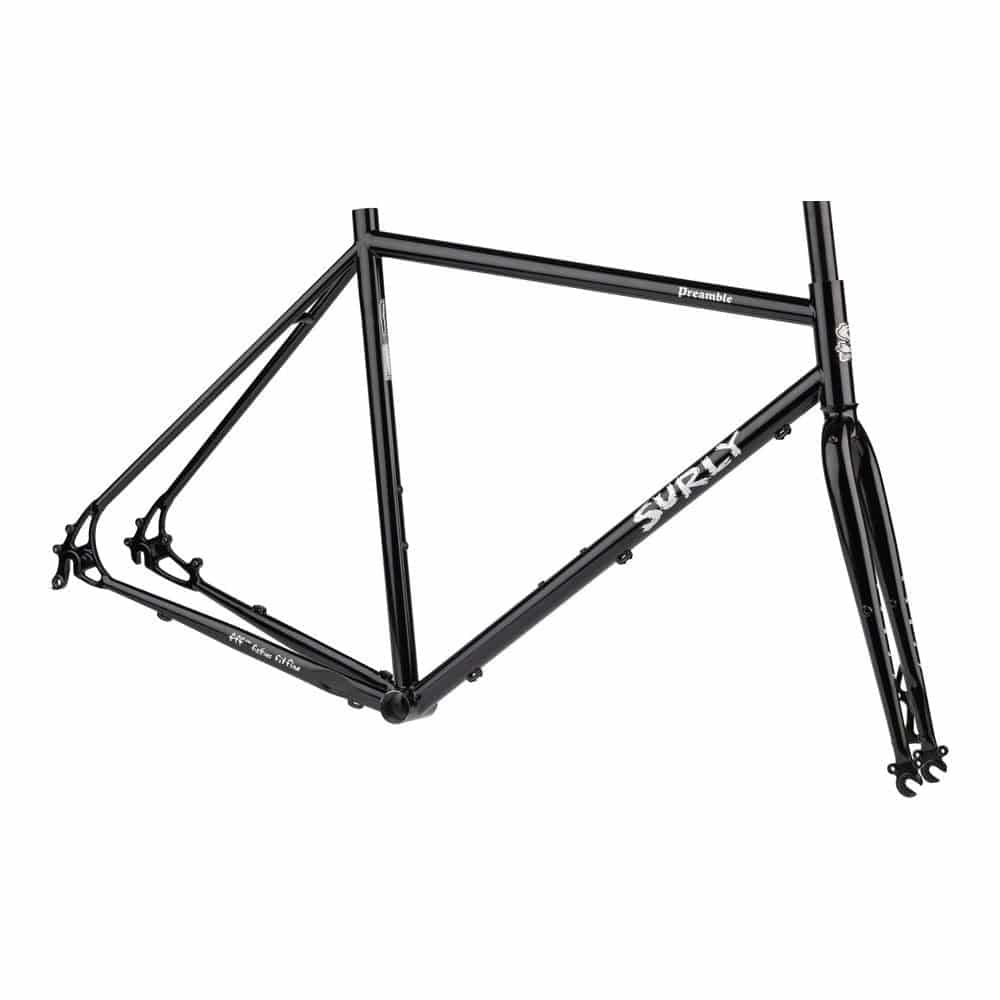 Surly Preamble black road and gravel frameset with disc brake mounts, showcasing the lightweight frame and sleek design.