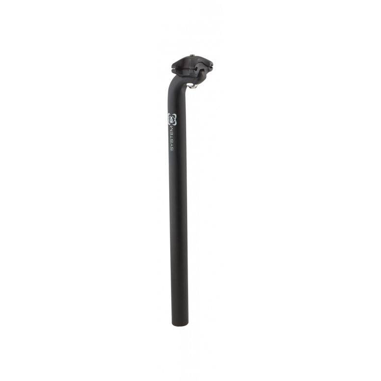 Black System EX Alloy Bike Seatpost, 400mm length with single bolt adjustment, shown installed on a bicycle.