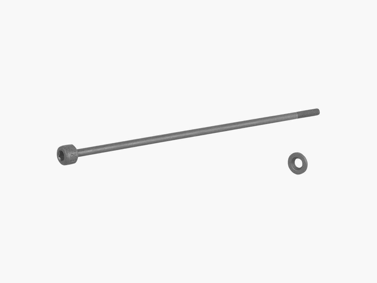Trek black rear thru-skew 175mm axle for secure bike wheel attachment, shown in close-up view of the component.