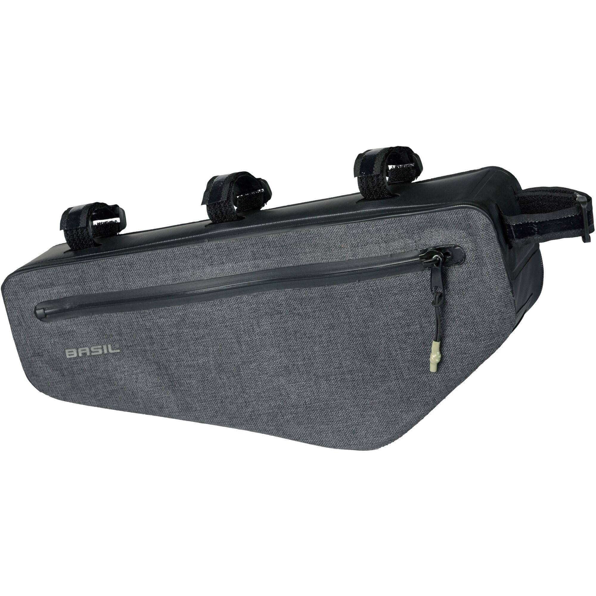 Basil Navigator Storm Frame Bag M 2.2L in waterproof black with reflective logos, bike accessories mounted on bicycle frame.