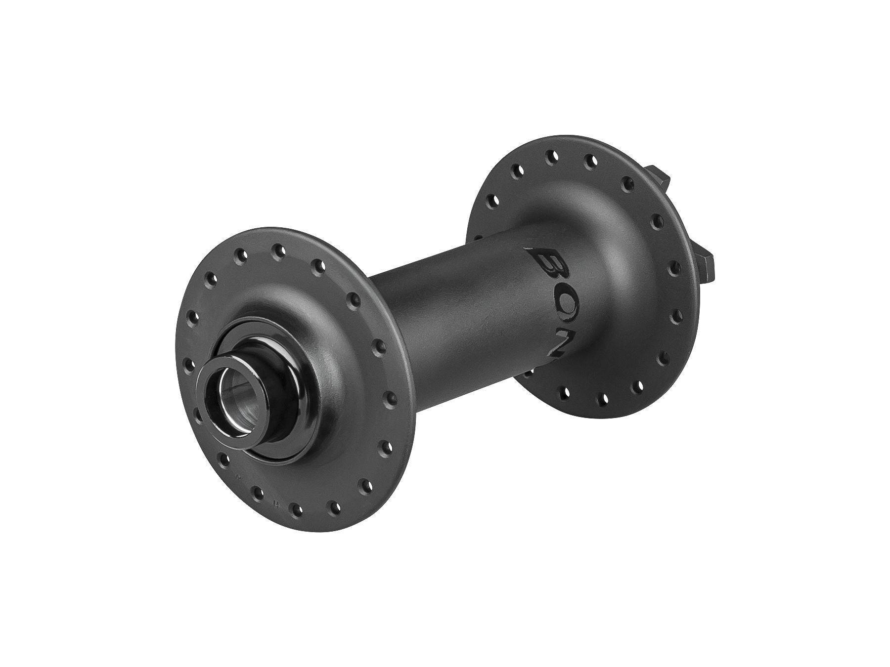 Bontrager Rapid Drive fat bike front hub in black with 150mm old, 32h, 6-bolt design, showcasing the hub's detailed view