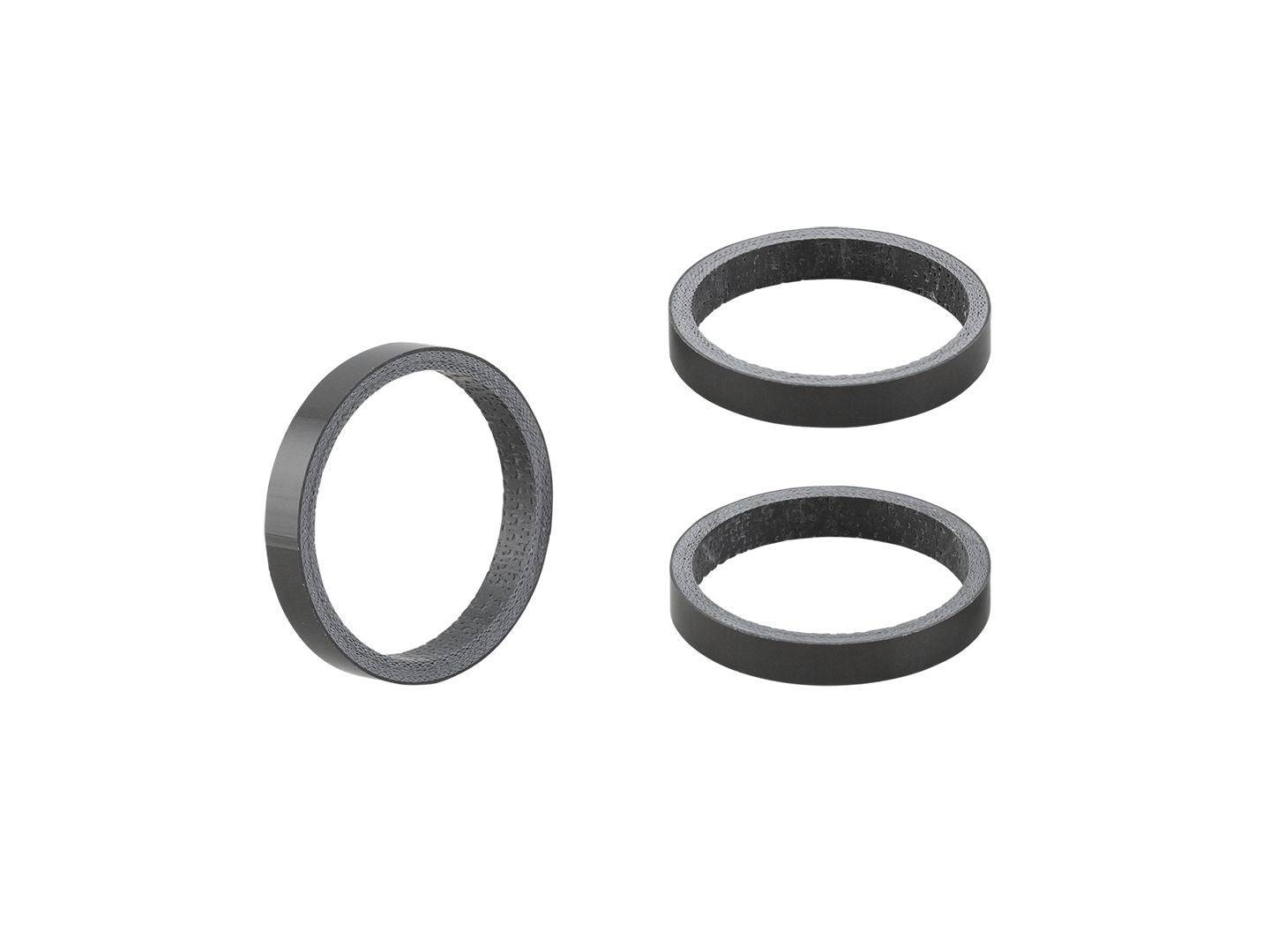 Bontrager Carbon Headset Spacers, 5mm x 28.6mm, set of 3, for bike components, showing three black spacers stacked on a bike headset