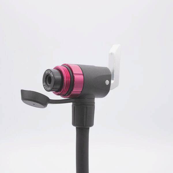 Truflo Air Flow MiniTrax CNC mini floor pump with long hose and frame mount for bike tire inflation.