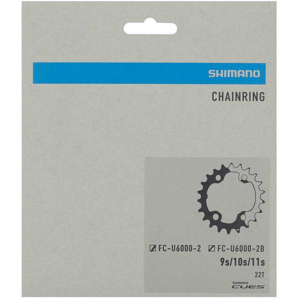 Shimano CUES FC-U6000-2 double chainring, 22T, for 36-22T gear setup, compatible with 11/10/9-speed mountain bikes.