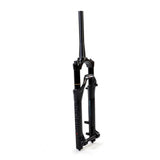 Society Xeno II 100mm dirt jump and street bike forks with adjustable suspension, showing the black forks with branding and suspension components.