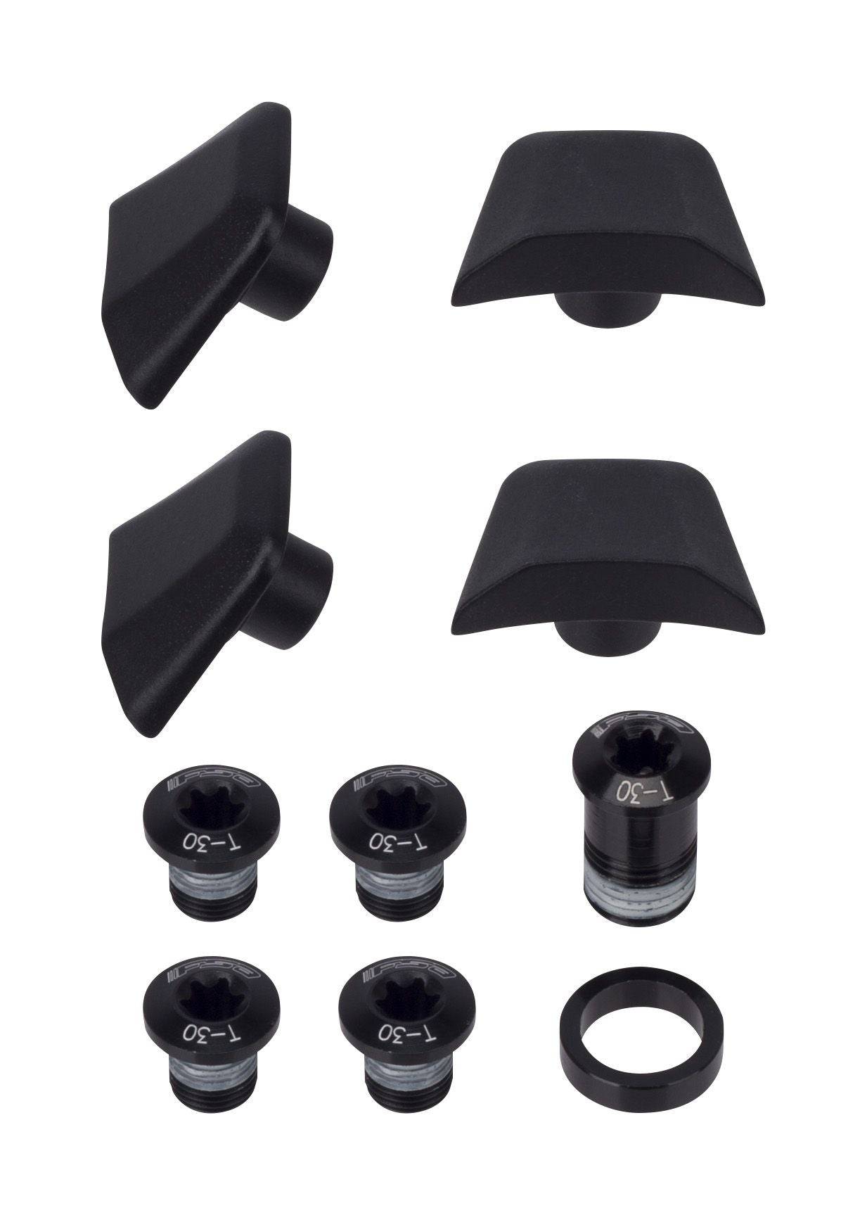 FSA SL-K ABS chainring bolt kit with T-390 wrench for road and MTB 4-bolt cranksets, includes mounting hardware and tools.