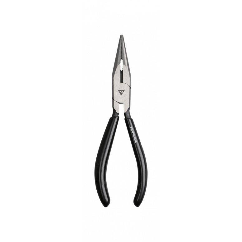 Topeak 6-inch long nose pliers with PVC grip, durable black workshop tool for gripping and bending tasks.