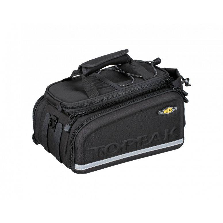 Topeak MTS TrunkBag DXP black bike rack bag with expandable design, weather-resistant fabric and built-in bottle holder.