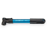 Blue Park Tool PMP-4.2B mini bike pump with holder, compact tire inflator, shown with its accessories and mounting bracket.