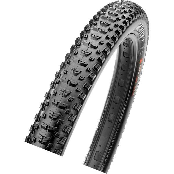 Maxxis Rekon tubeless-ready trail and cross country bike tyre with EXO protection, shown mounted on a bike wheel.
