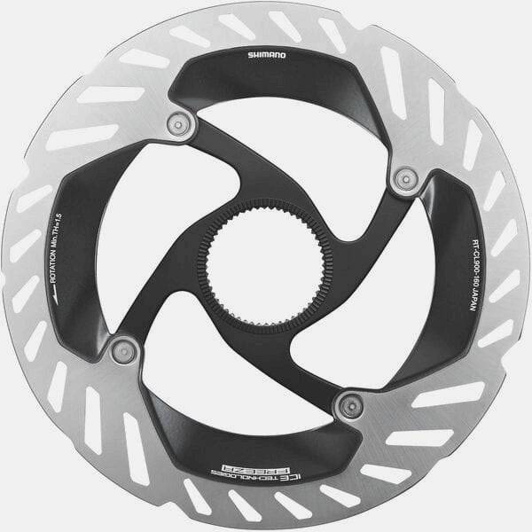 Shimano Dura-Ace RT-CL900 Ice Tech FREEZA 160mm center lock brake rotor with external lockring, shown from side view.