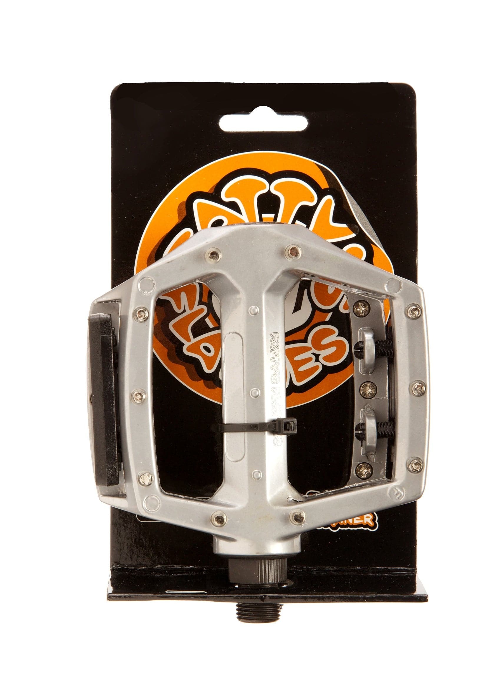 Fat Spanner Fattys Flatties Dobber silver alloy flat pedals with pins, designed for mountain biking and bike components.