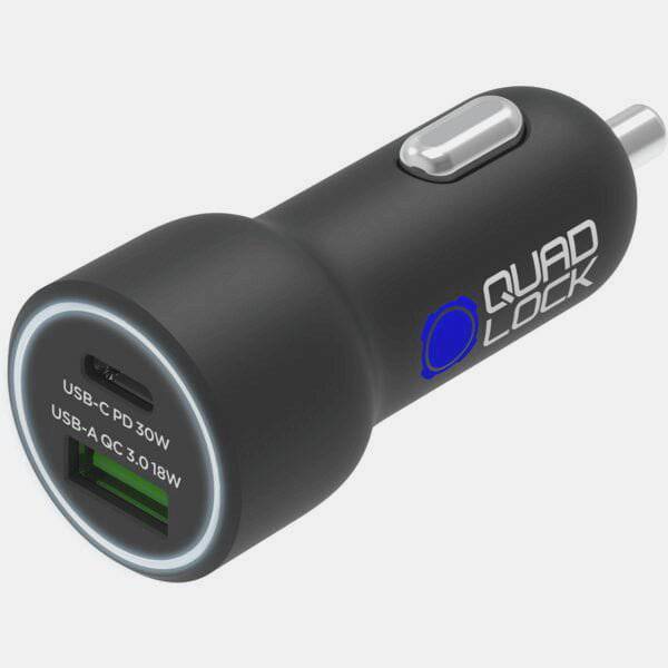 Quad Lock Dual USB Car Charger with QC 3.0 for fast adaptive charging, featuring two USB ports and a sleek black design.