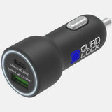 Quad Lock Dual USB Car Charger with QC 3.0 for fast adaptive charging, featuring two USB ports and a sleek black design.