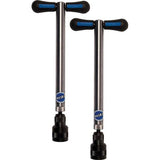 Park Tool FFG-2 bike frame and fork end alignment gauge set showing tools for measuring dropouts up to 160mm in a workshop setting.