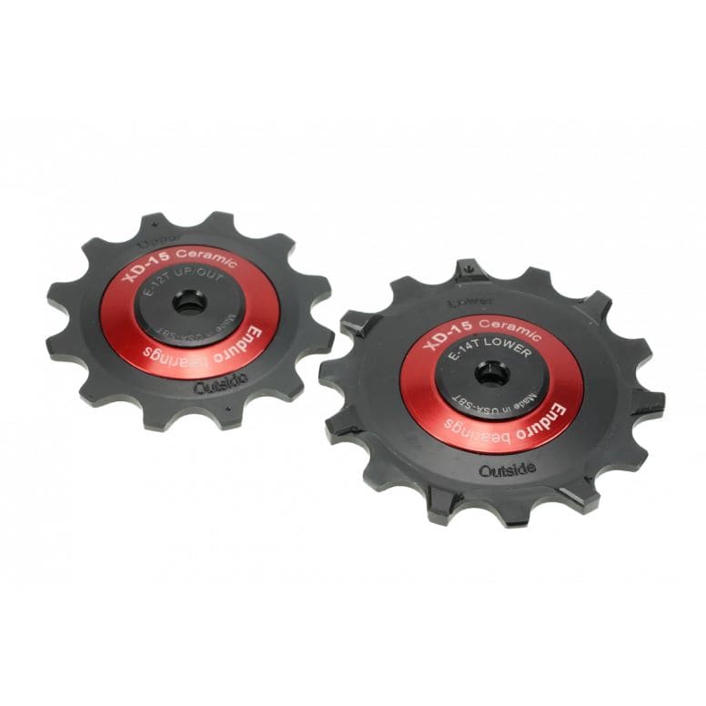 Enduro Bearings XD15 jockey wheels for SRAM Eagle AXS 12-speed derailleur in red, high-performance bicycle component parts.