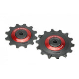 Enduro Bearings XD15 jockey wheels for SRAM Eagle AXS 12-speed derailleur in red, high-performance bicycle component parts.