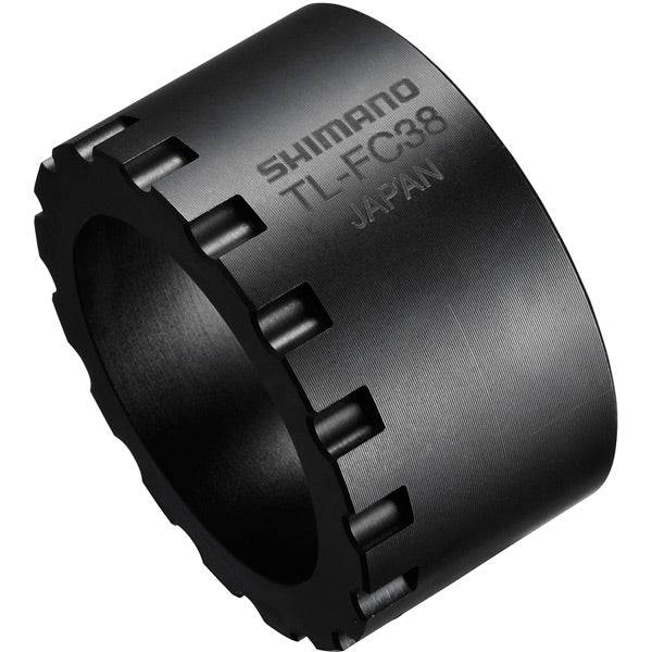 Shimano Workshop TL-FC38 adapter removal tool for DU-E6000 and DU-E6001 e-bike workshop use, shown in use or on a workbench.