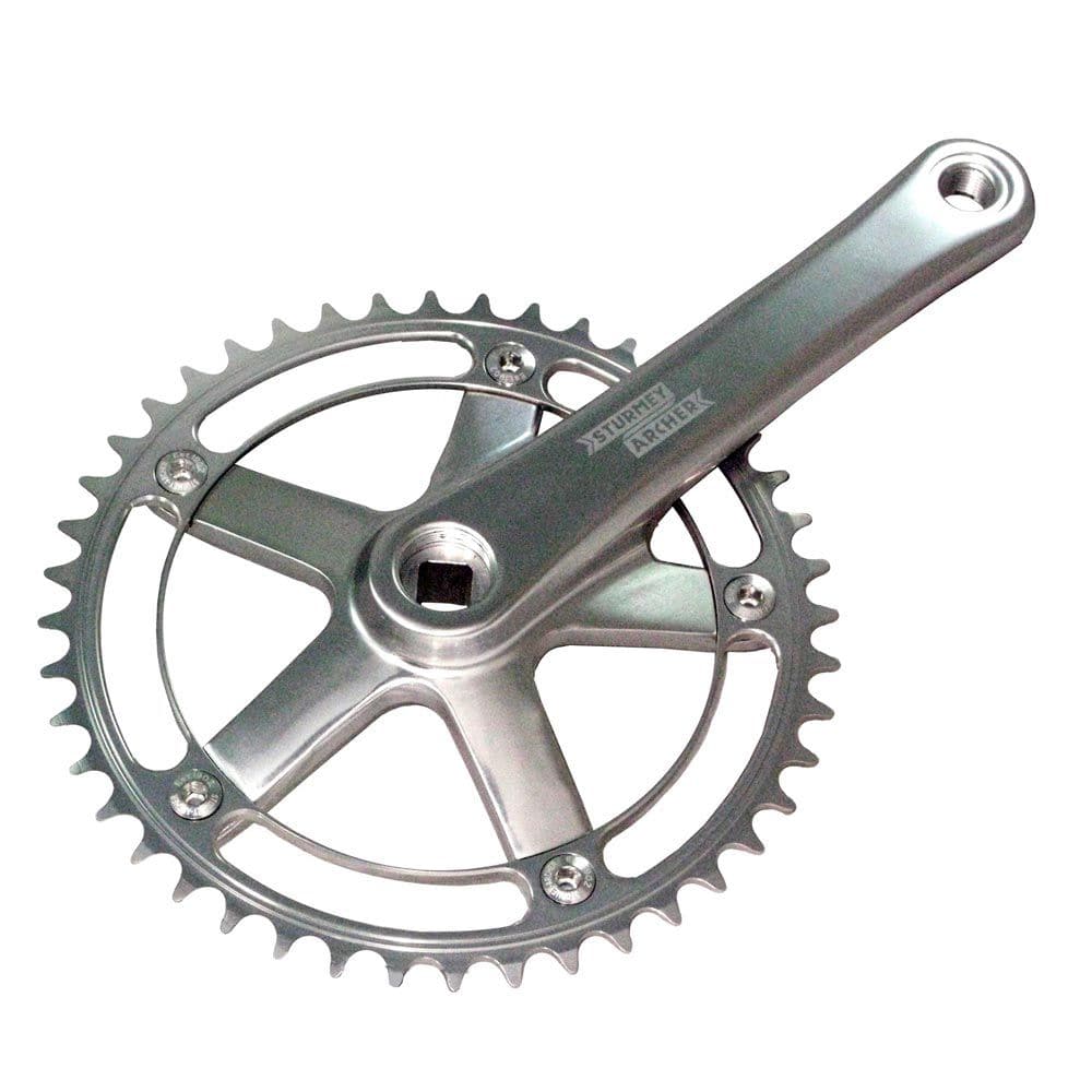 Sturmey Archer FCT62A track crankset with 144 BCD and 42-tooth chainrings in anodized colors, bike components for cycling.