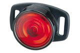 Topeak TailLux black and red bike tail light with blinking modes and CR2032 battery, designed for bicycle safety accessories.