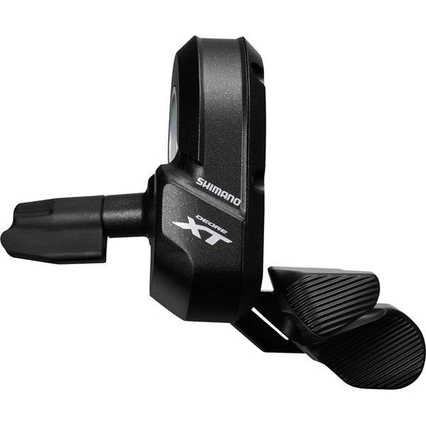 Shimano Deore XT SW-M8050-R Di2 E-Tube right-hand shift switch clamp band for MTB components, mounted on bike handlebar.