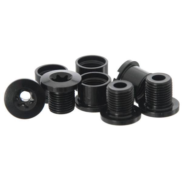 Race Face alloy chainring bolt and nut pack with Torx spares, showing black metal components for bike chainring installation.