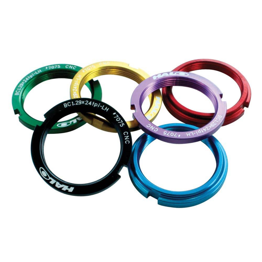 CNC machined Halo Alloy Track Lockring sprocket for fixed gear bikes, showcasing its durable, polished metal finish and precise design.