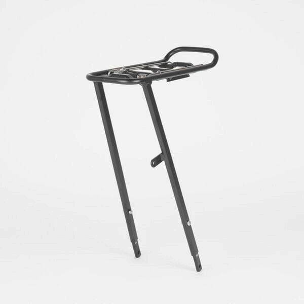Black M Part Tour AVS front pannier rack on a bike, featuring adjustable design and AVS system for secure attachment.