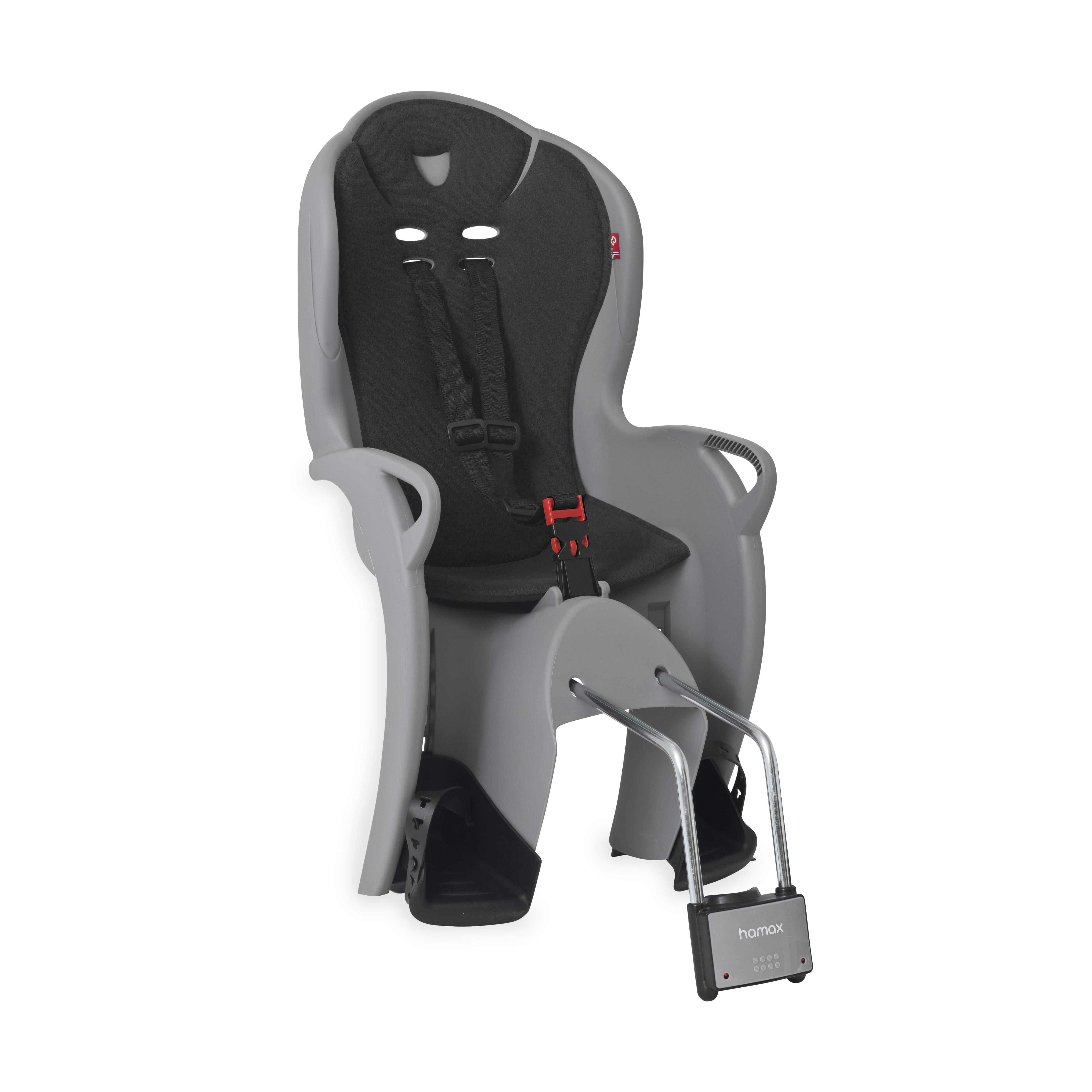 Hamax Kiss medium child bike seat with suspension, reflective safety features, and comfortable design for secure cycling.