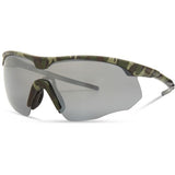 Madison Eyewear Shields green camo sunglasses with three polarized lenses in silver mirror, bronze, and yellow, showing stylish outdoor wear