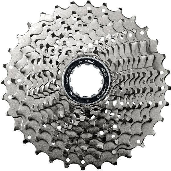Shimano Tiagra CS-HG500 10-speed road and gravel cassette with 11-34T Hyperglide gears for bicycle components.