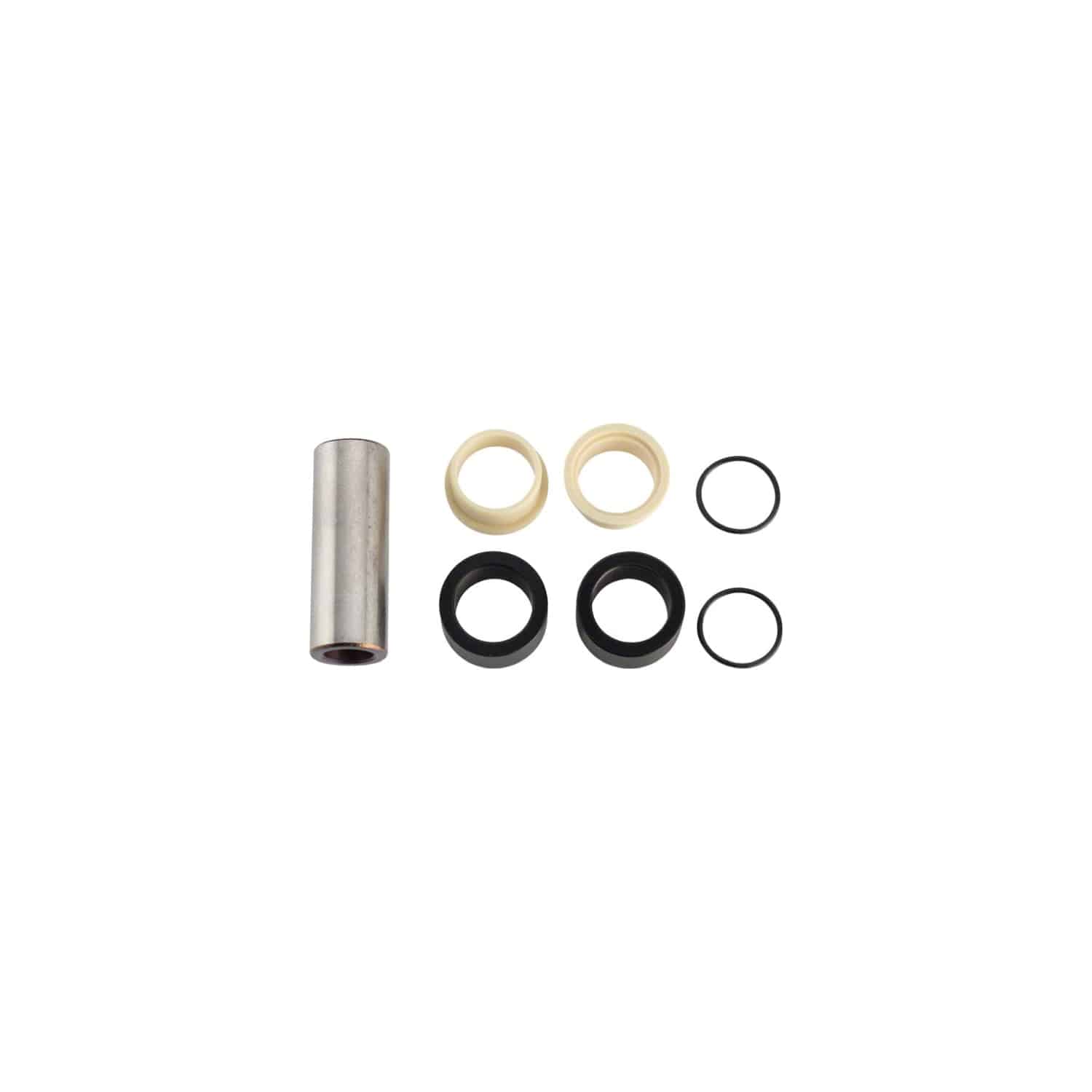 Stainless steel Fox rear shock mount hardware for bike suspension components, includes bolts and spacers.