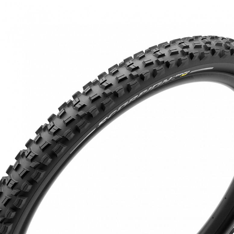 Pirelli Scorpion Enduro M tyre with hardwall and SmartGRIP Gravity Compound for enduro riding, shown mounted on wheel.