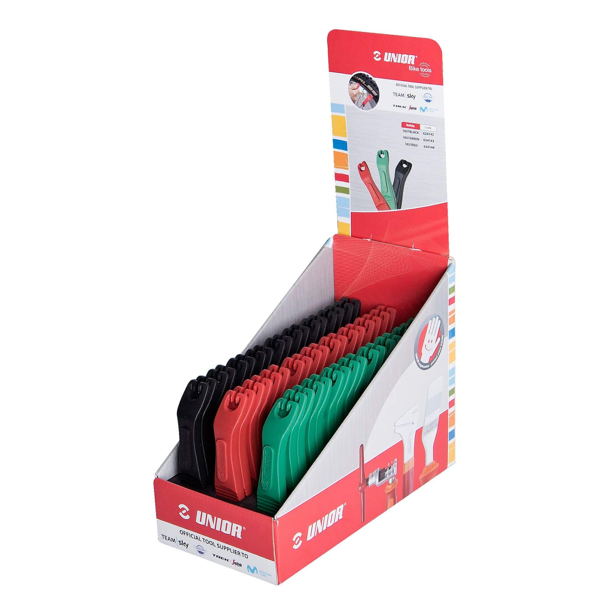 UNIOR tyre lever set with 27 pairs in a red refillable foam box, ideal for workshop use and bike tire repairs.