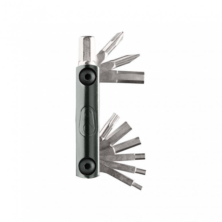 Crankbrothers F11 multi-tool in black with tyre plug and chain link holder for bike maintenance workshop setup