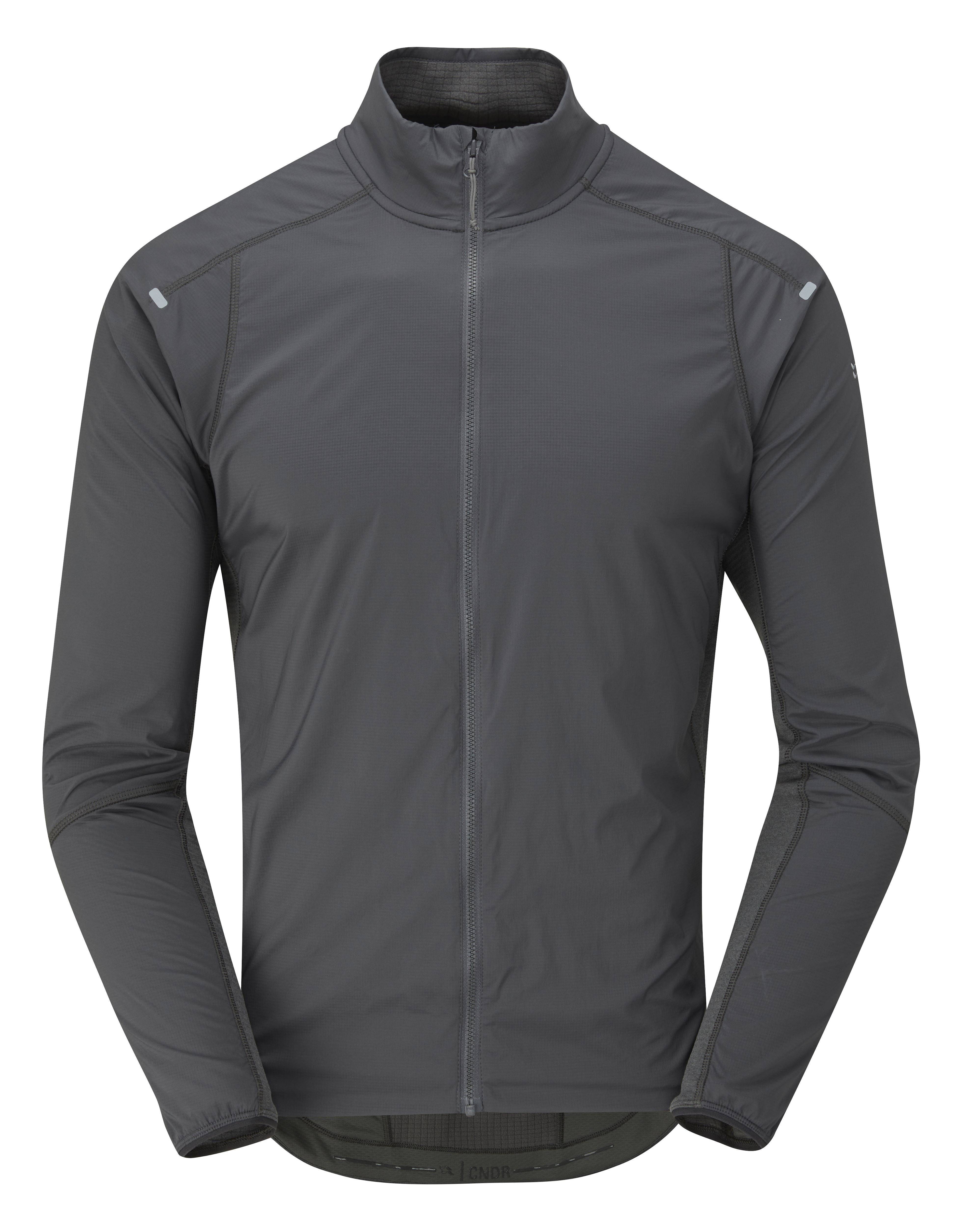 Rab Cinder Ridgeline outdoor cycling jacket, breathable and wind-resistant, shown in a close-up view of the lightweight outdoor clothing.