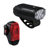 Lezyne Lite Drive 1200+ front and KTV Drive Pro+ rear bike light set in black, mounted on a bicycle for visibility.
