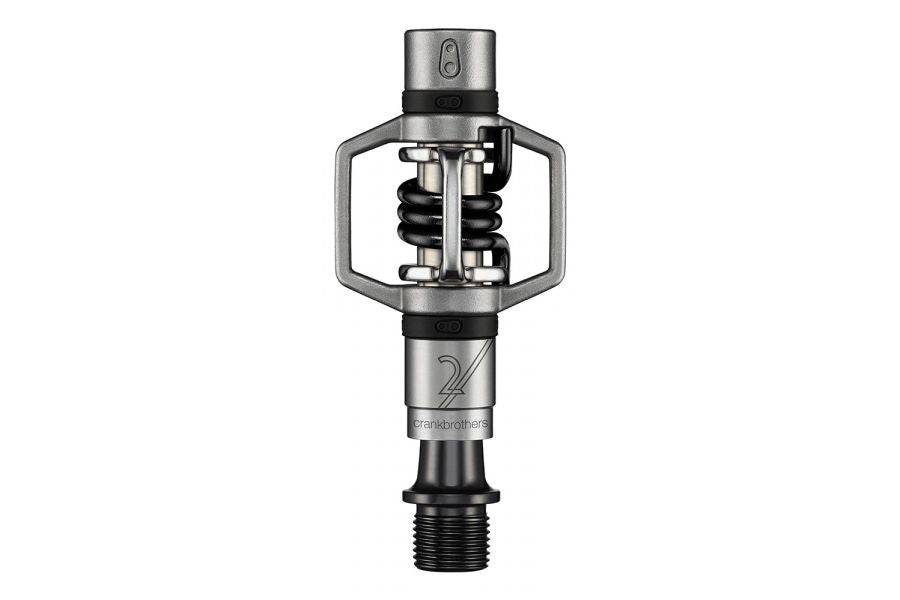 Crankbrothers Eggbeater 2 silver and black XC racing pedals with brass cleats, lightweight cycling components for mountain biking.