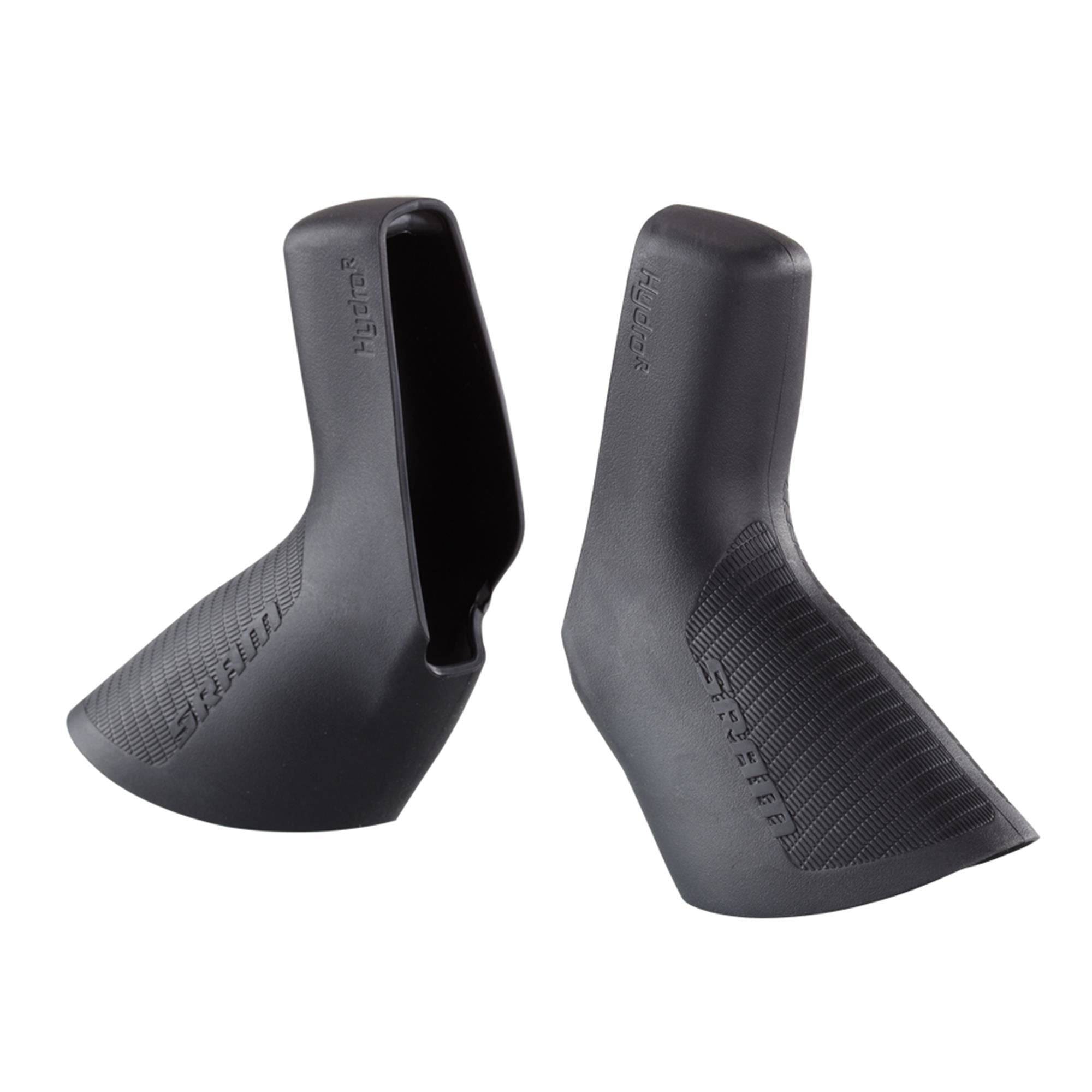 Pair of black SRAM hood covers for Red E1 AXS hydraulic road levers, replacement components for bike handlebar controls.