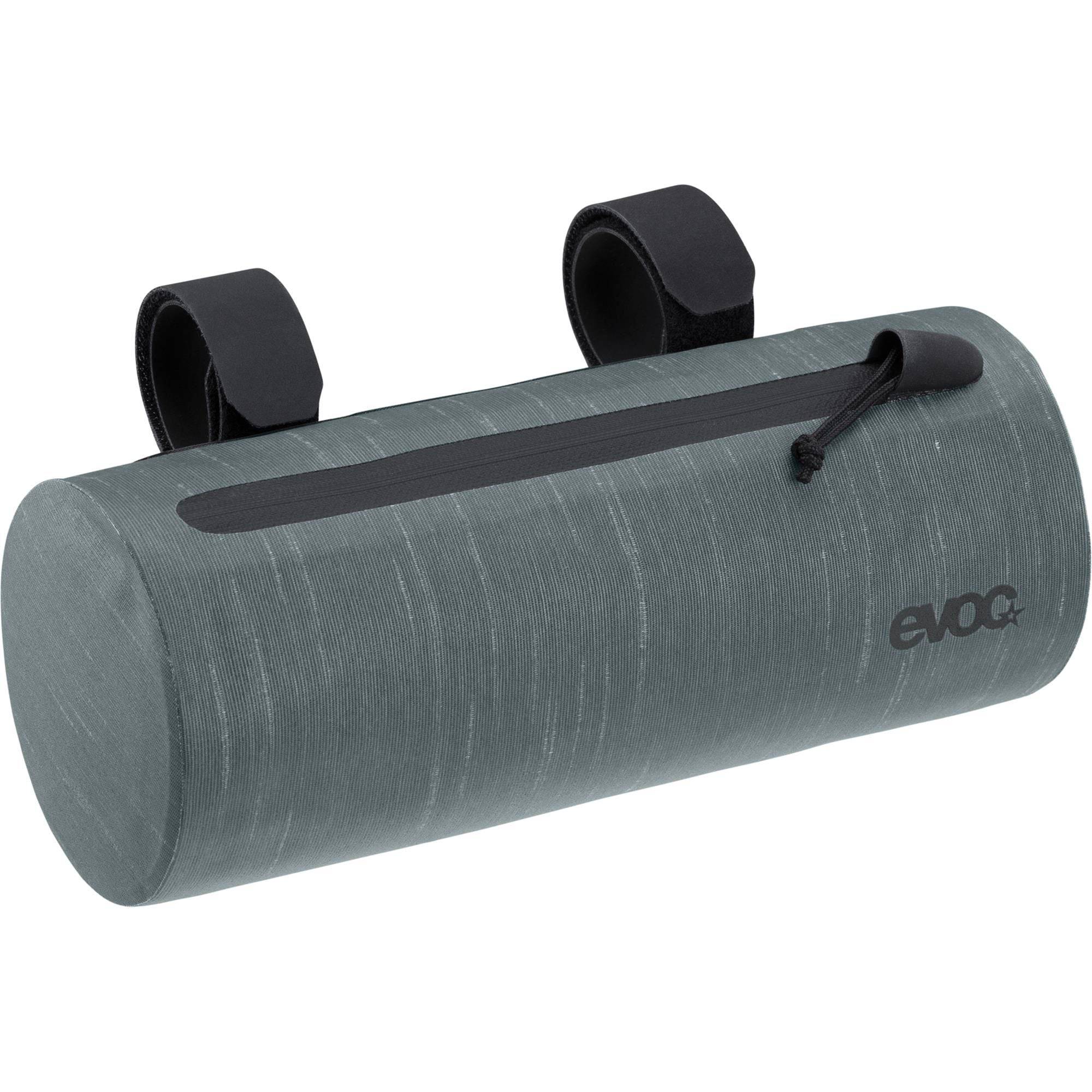 EVOC waterproof handlebar pack 1.5L attached to a bike handlebar, compact cycling pannier bag for bike accessories and storage