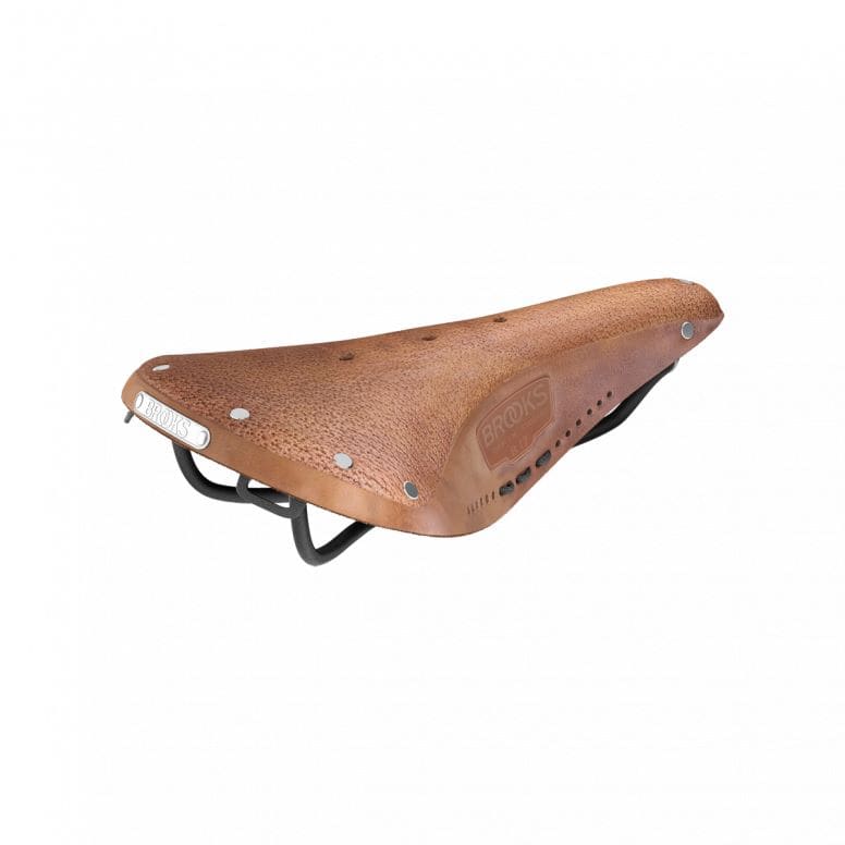 Brooks B17 Softened tan leather bike saddle with black steel rails, showcasing its classic design and durable construction.