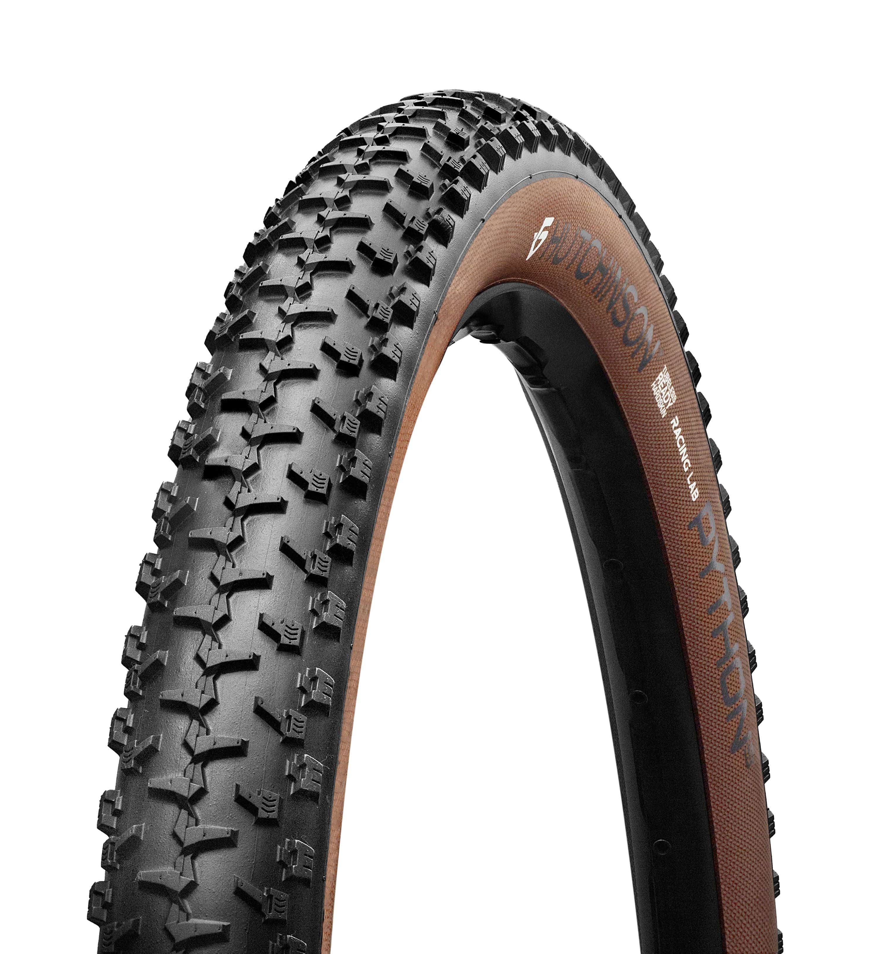 Hutchinson Python 3 Racing Lab MTB tire with tan wall, tubeless ready, designed for XC and trail mountain biking.