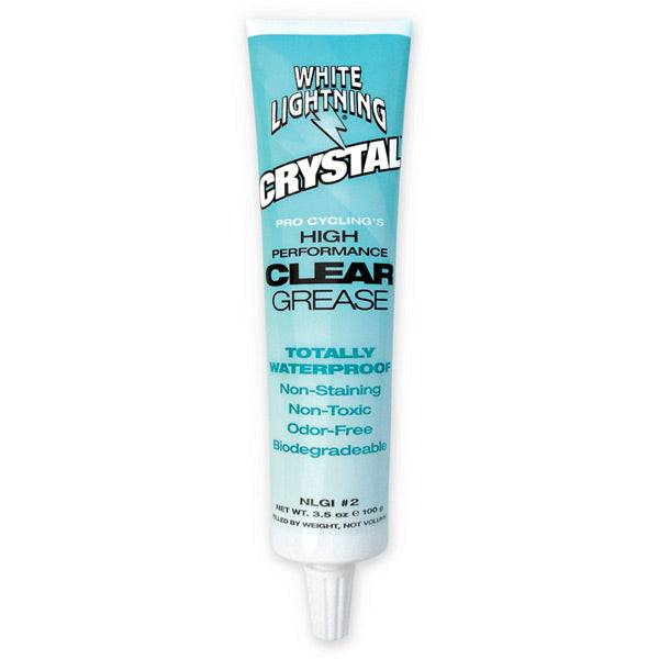 White Lightning Crystal Grease tube, 3.5oz waterproof bike grease, clear and suitable for bike maintenance and workshop use.