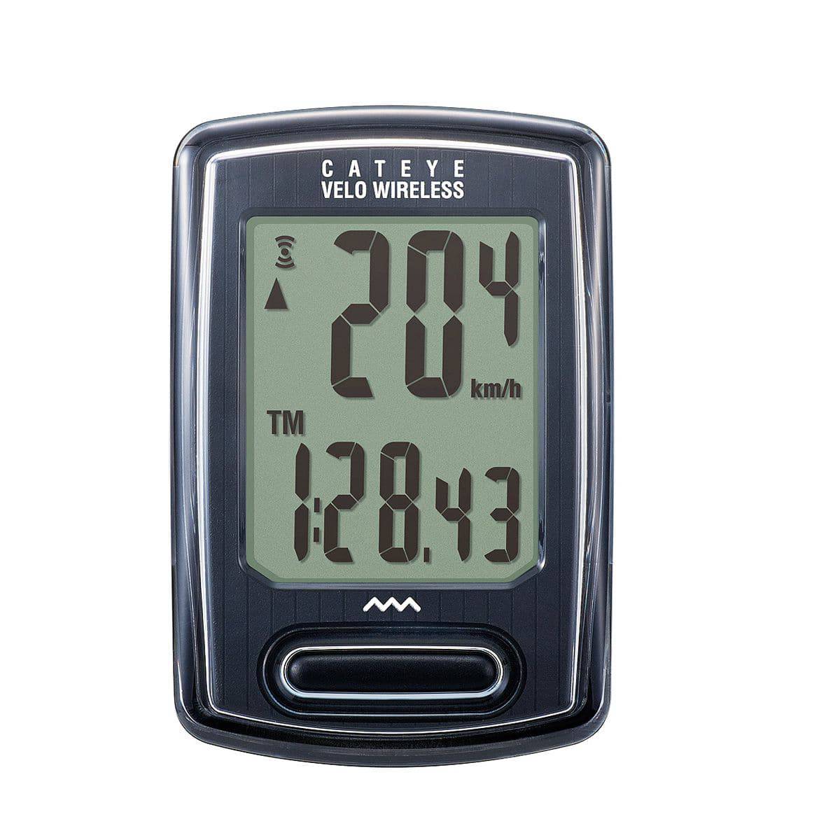 CatEye Velo Wireless Cycle Computer in black showing speed and distance on a bike handlebar display.