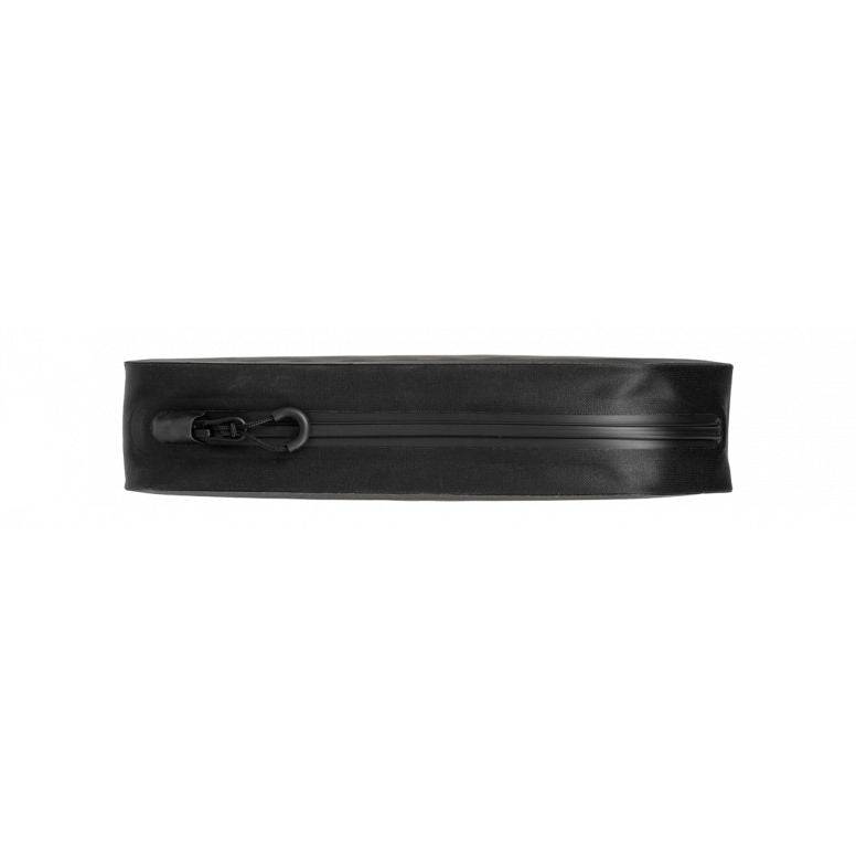 Topeak Fastfuel Drybag II black top tube bike bag, weatherproof accessories with 0.8L capacity, shown attached to a bike.