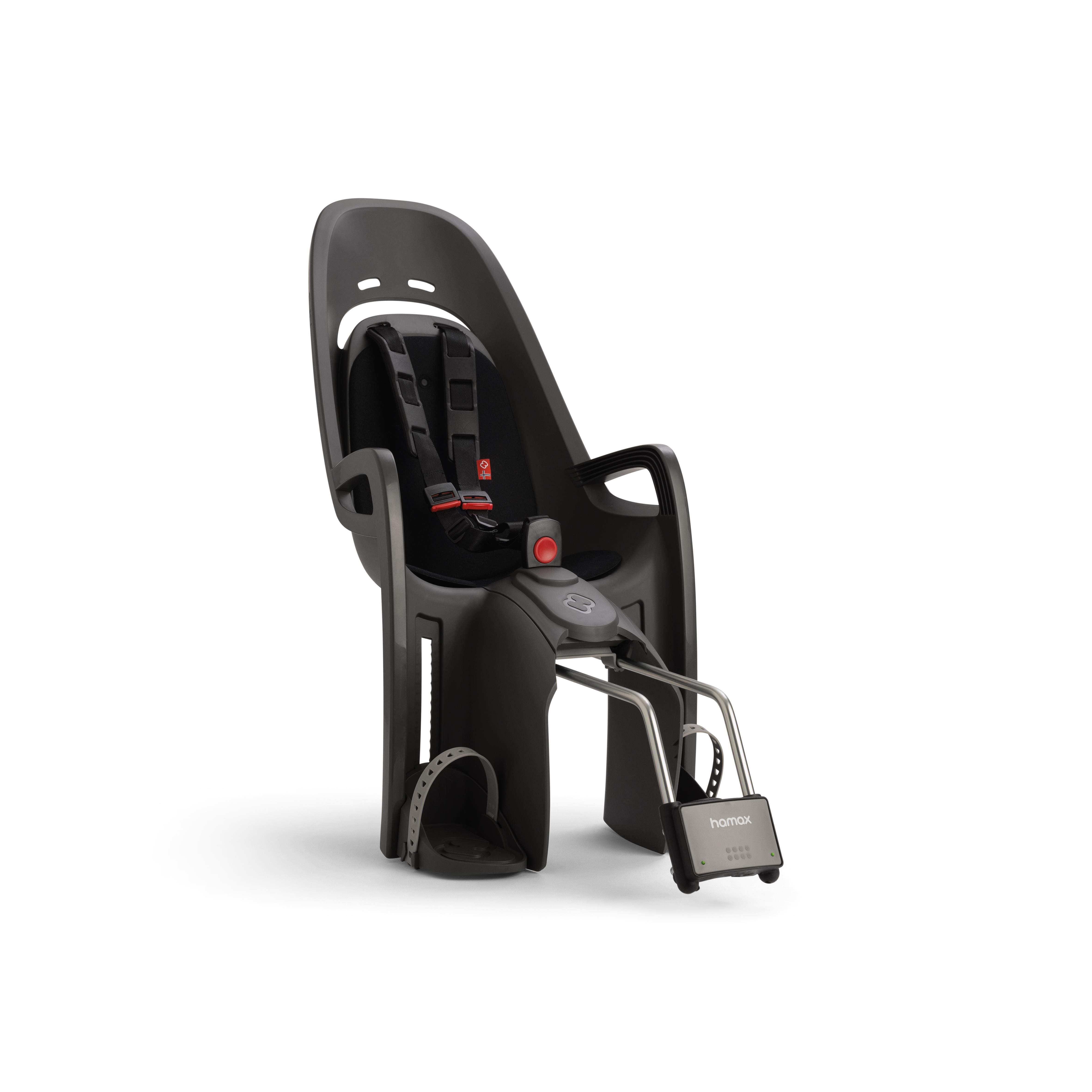 Hamax Zenith child bike seat with shock absorption and reflectors, designed for safety and comfort on bike rides.