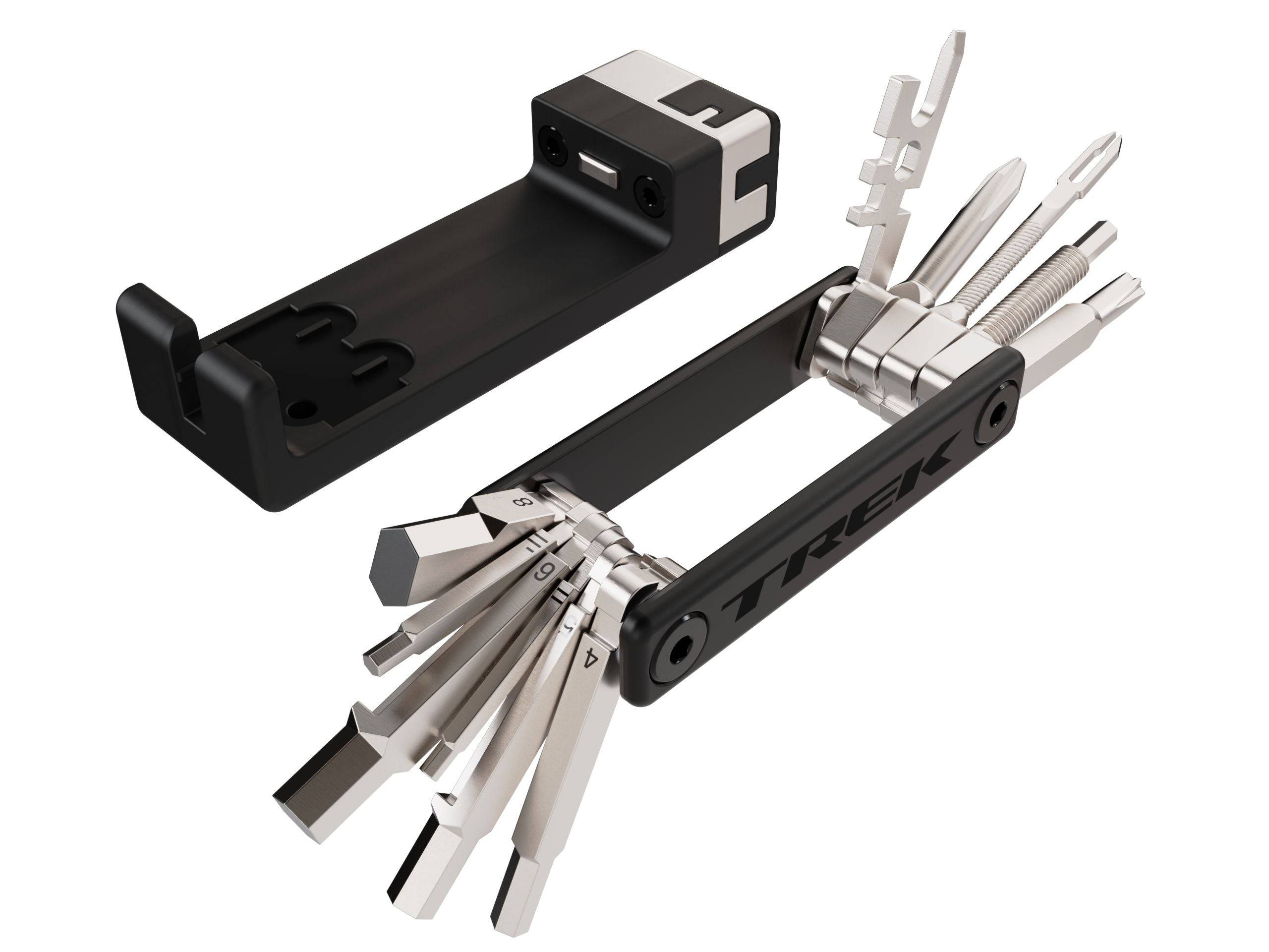 Trek Pro BITS multi-tool in black with 18 functions, compact and durable workshop tool for versatile repair and maintenance tasks.