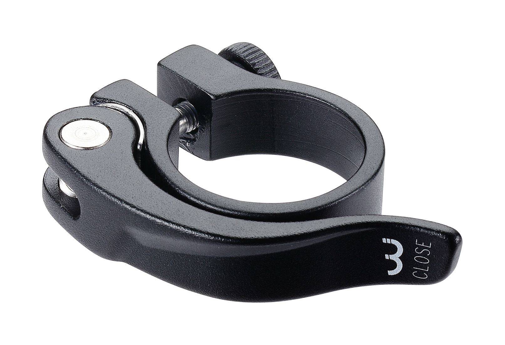 BBB Smoothlever Seat Clamp BSP-87 for aluminum seatposts, showing the black metal clamp with smooth lever for bike saddle adjustment.