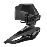 SRAM RED AXS E1 braze-on front derailleur for road bikes, showcasing sleek black component with mounting bracket.